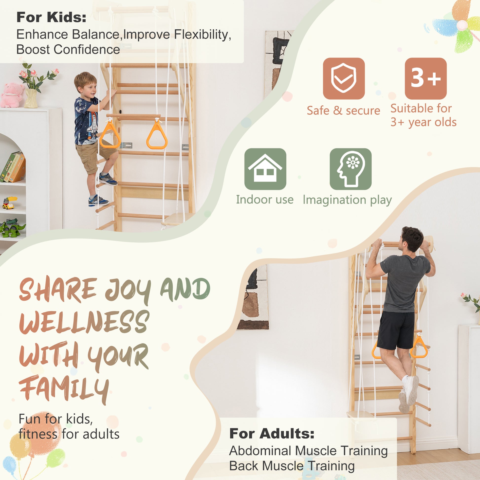 6-in-1 Swedish Ladder Wall Gym, Indoor Kids Playground with Swing, Rope Ladder, Pull-Up Bar, Slide, Gymnastic Rings, Wooden Wall Mounted Indoor Play Set for Kids & Adults image 6
