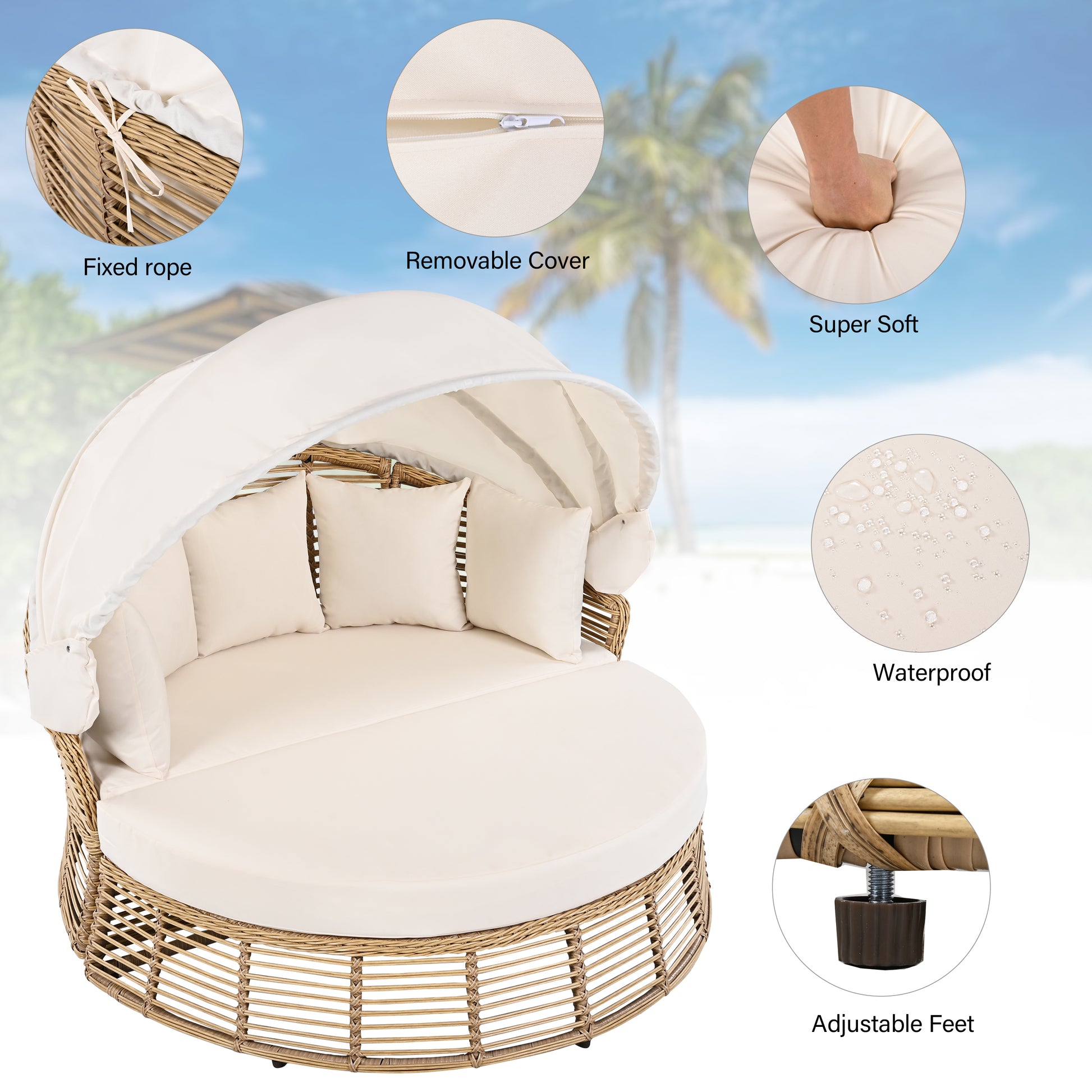 <Old SKU: N704G201243A> Outdoor Patio Rattan Round Daybed with Retractable Canopy, Wicker Furniture Round Poolside Sofa Sunbed with Removable Cushions, Backyard, Porch, Beige image 3