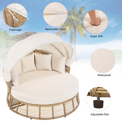 <Old SKU: N704G201243A> Outdoor Patio Rattan Round Daybed with Retractable Canopy, Wicker Furniture Round Poolside Sofa Sunbed with Removable Cushions, Backyard, Porch, Beige image 3