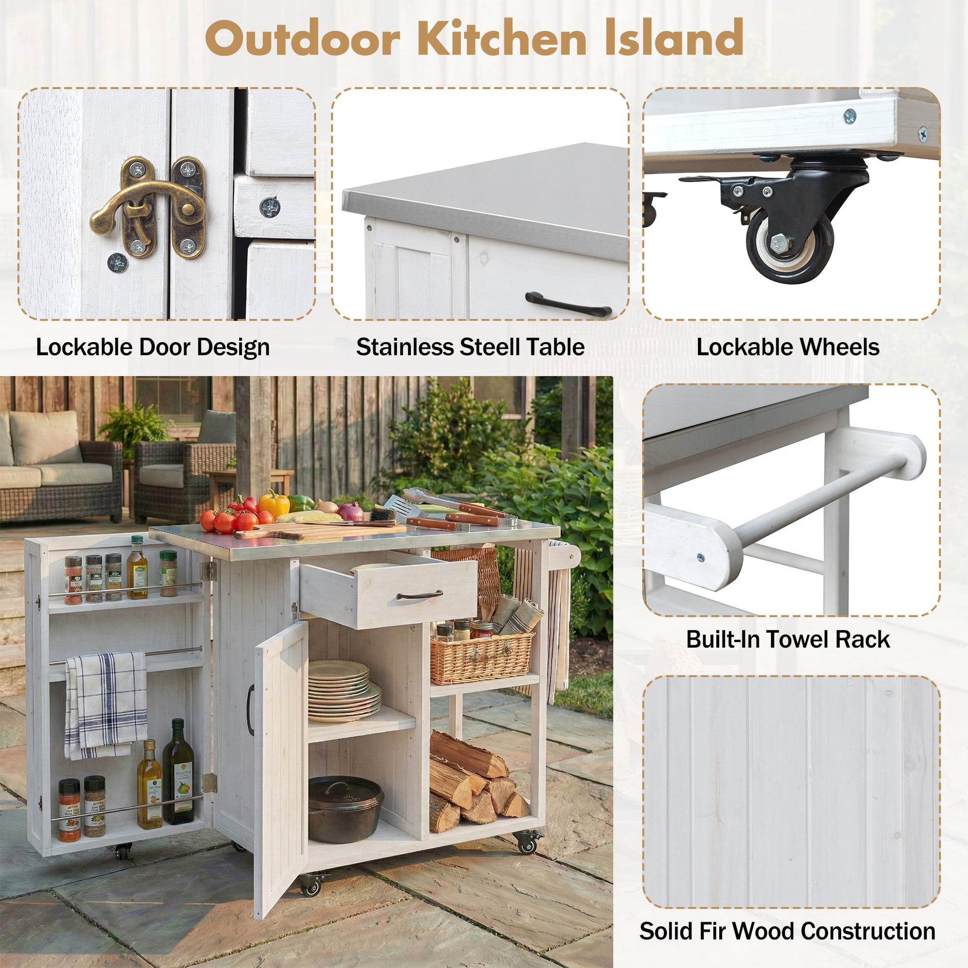 Outdoor Kitchen Island Fir Wood Prep Station Lockable Kitchen Cart with Stainless Top, Ample Storage Space, Towel and Spice Racks for Patio and Outdoor, White image 8