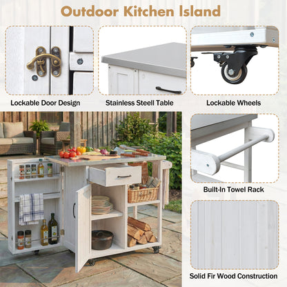 Outdoor Kitchen Island Fir Wood Prep Station Lockable Kitchen Cart with Stainless Top, Ample Storage Space, Towel and Spice Racks for Patio and Outdoor, White image 8