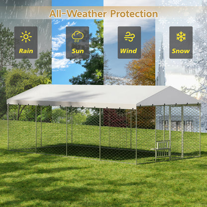 20x10 FT Large Outdoor Dog Kennel with Canopy, Heavy Duty Galvanized Steel Frame, Waterproof Cover, Built-in Elevated Feeding Bowls, Escape-Proof Lockable Pet Playpen for Large Dogs & Multiple Animal image 4