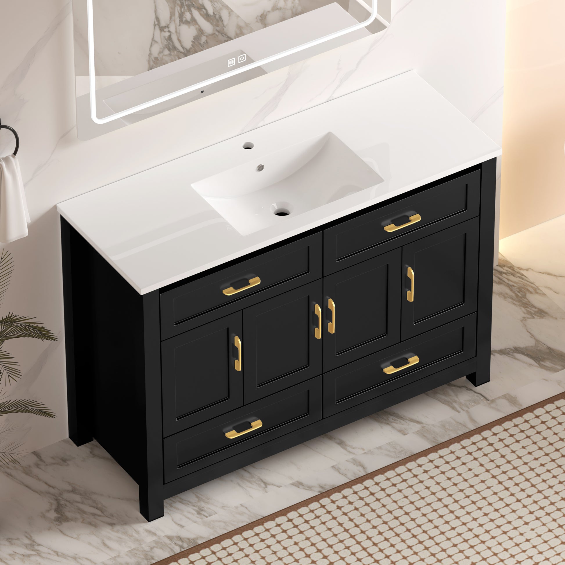 48" Black Bathroom Vanity with Resin sink Combo, Abundant Storage Cabinet -4 Soft close doors and 4 drawers image 3