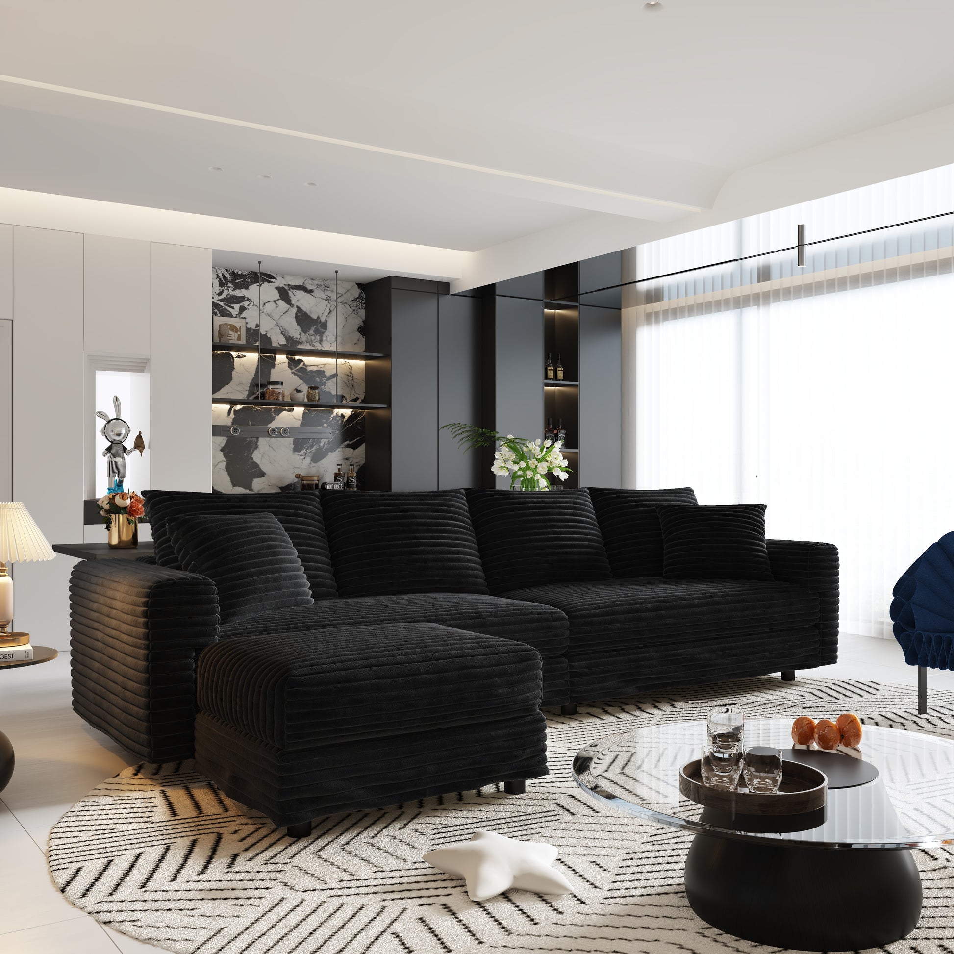 102.4 "Plush Corduroy 4-Seat Sofa,Modern Comfy Upholstered Sofa Cloud Couch,Deep Seat Couches with Soft Pillows and Movable Ottoman,Convertible Sofa Lounge Chair,Black(Old SKU:W1885S00277) image 1
