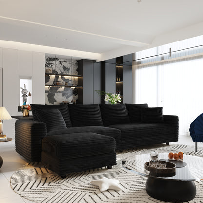 102.4 "Plush Corduroy 4-Seat Sofa,Modern Comfy Upholstered Sofa Cloud Couch,Deep Seat Couches with Soft Pillows and Movable Ottoman,Convertible Sofa Lounge Chair,Black(Old SKU:W1885S00277) image 1