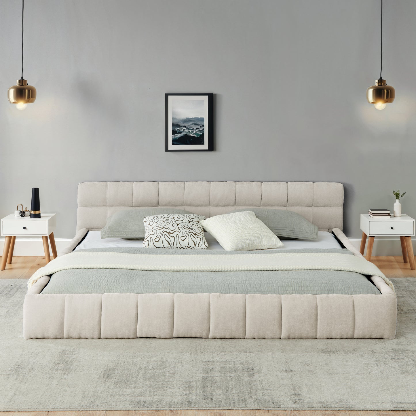 California King size Upholstered Bed Frame with Thick Fabric, Chenille Fabric Grounded California King Platform Bed with Headboard and Solid Frame. No Box Spring Needed-Beige(90.5''*80.5''*31'') image 2