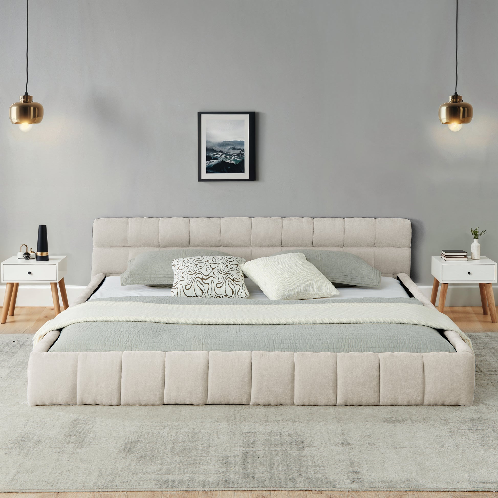 California King size Upholstered Bed Frame with Thick Fabric, Chenille Fabric Grounded California King Platform Bed with Headboard and Solid Frame. No Box Spring Needed-Beige(90.5''*80.5''*31'') image 2