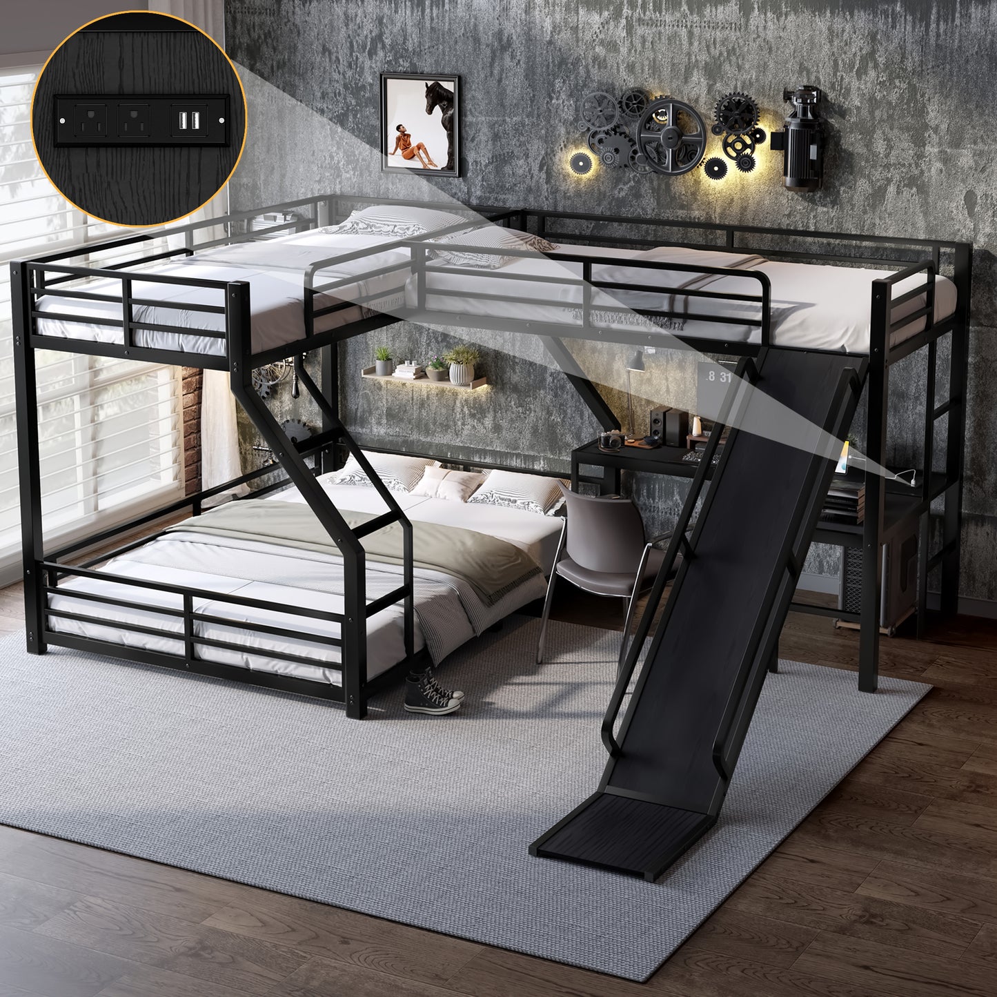 L-Shaped Twin XL over Queen Bunk Bed with Twin Size Loft Bed, Metal Triple Bunk Bed with Slide and USB Ports, Space-saving and Noise-free Design, Black image 1