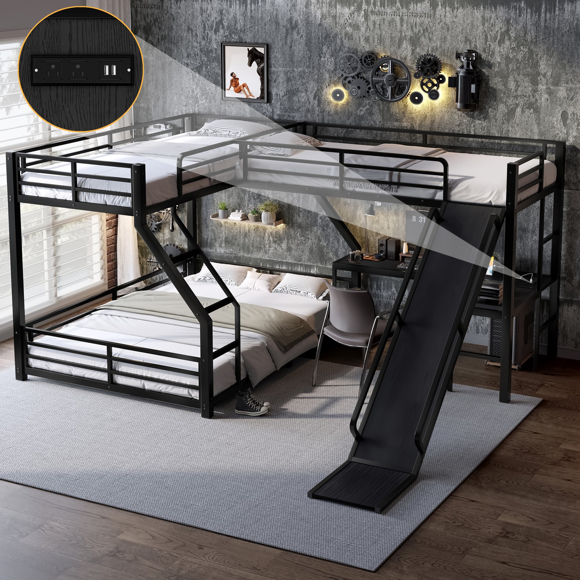 L-Shaped Twin XL over Queen Bunk Bed with Twin Size Loft Bed, Metal Triple Bunk Bed with Slide and USB Ports, Space-saving and Noise-free Design, Black image 1