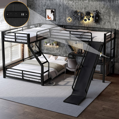 L-Shaped Twin XL over Queen Bunk Bed with Twin Size Loft Bed, Metal Triple Bunk Bed with Slide and USB Ports, Space-saving and Noise-free Design, Black image 1