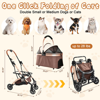 Pet Stroller for Dogs and Cats, 2-in-1 Detachable Foldable 4 Wheels Pet Stroller, Quick One-Hand Fold, Storage Basket, Detachable Carry Basket with Sun Canopy(Khaki++Gold) image 3