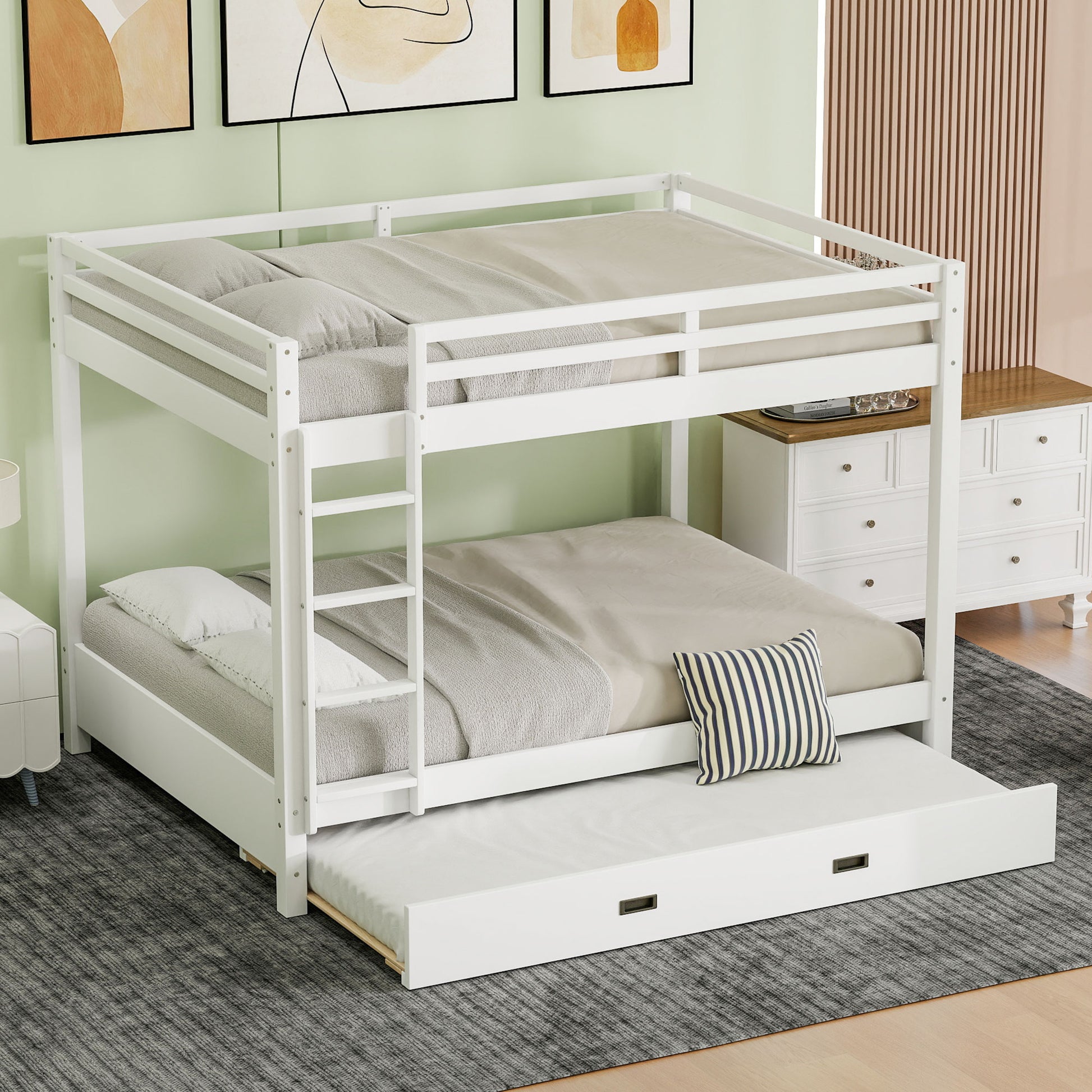 Wood Queen Size Bunk Bed with Ladder and Trundle, White image 1