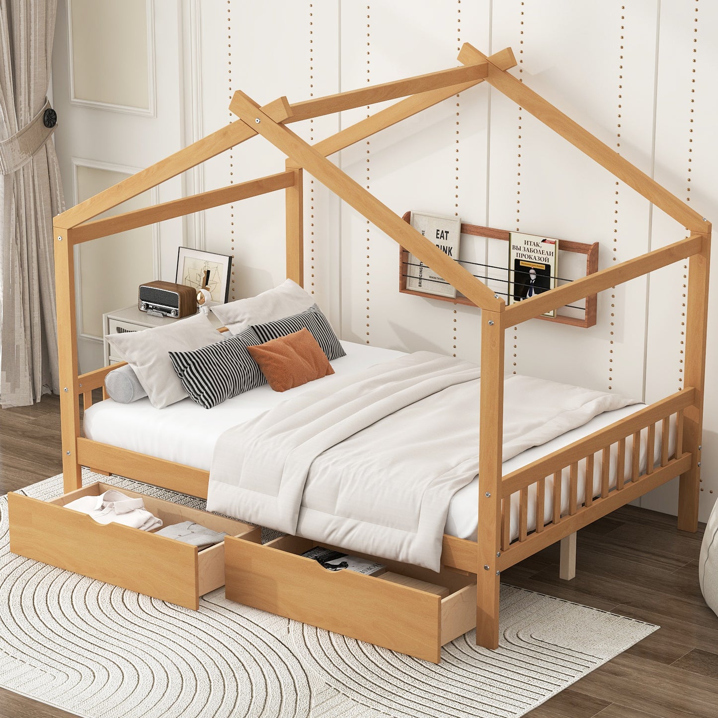 Full Size House Platform Bed with Two Drawers,Headboard and Footboard,Roof Design,Natural image 3