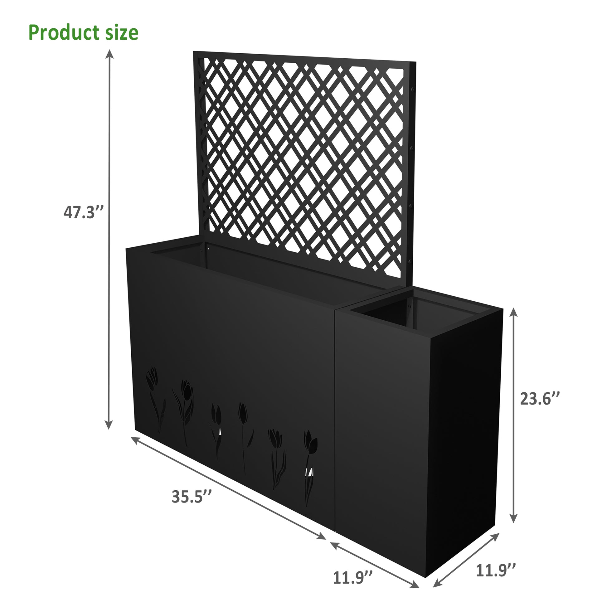 2-Piece Metal Planter Box with Trellis - 23.6in Depth Raised Garden Bed for Outdoor Indoor Use, Rust-Resistant Galvanized Steel Flower Planter with Drainage Holes, Tulip Black image 4