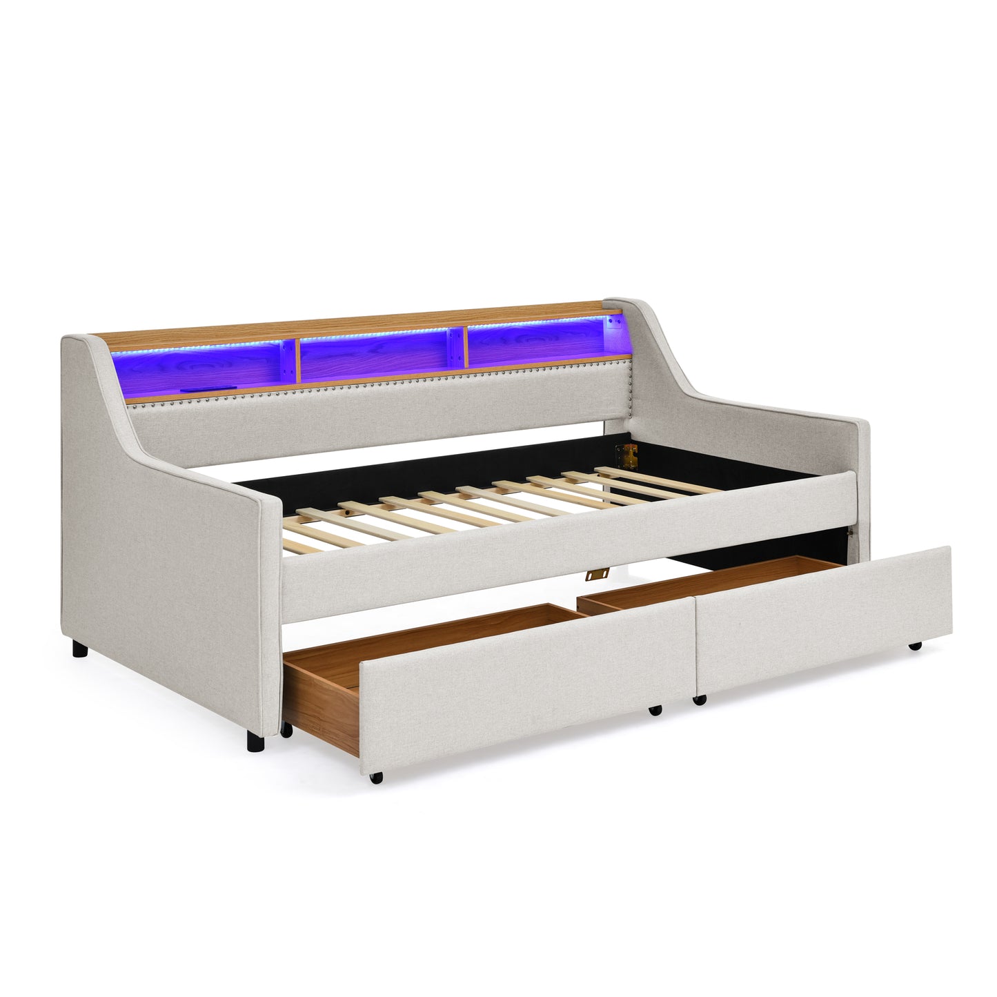 Twin Size Upholstery Sofa Bed with Three LED lights, with Storage Adjustable Headboard, with Two Storage Pull Up drawers and Wireless Charging, Linen Padded Sofa Bed frame, Beige image 8