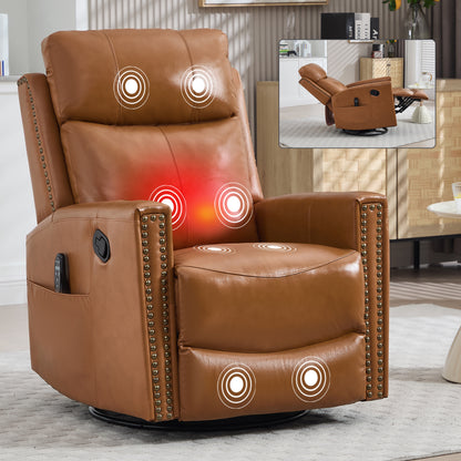 Orange Gnuine Leather Heat Massage Manual Recliner Chair with Rocker and Swivel for Living Room image 11