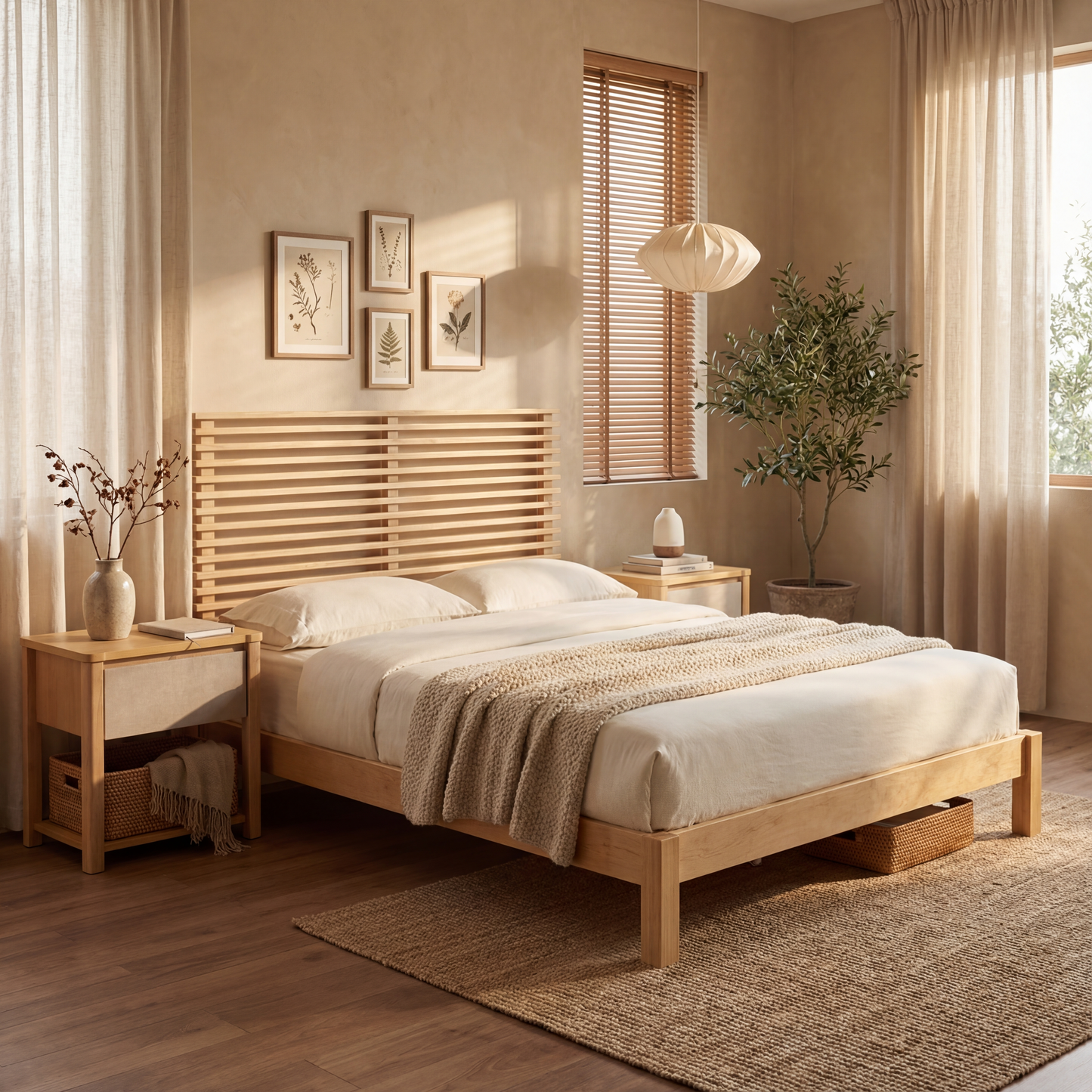 Premium Solid Wood Queen Size Platform Bed Frame with Horizontal Slat Headboard, Modern Natural Wood Bedroom Furniture, 600 lbs Weight Capacity,No Box Spring Needed, Fits All Mattresses image 3