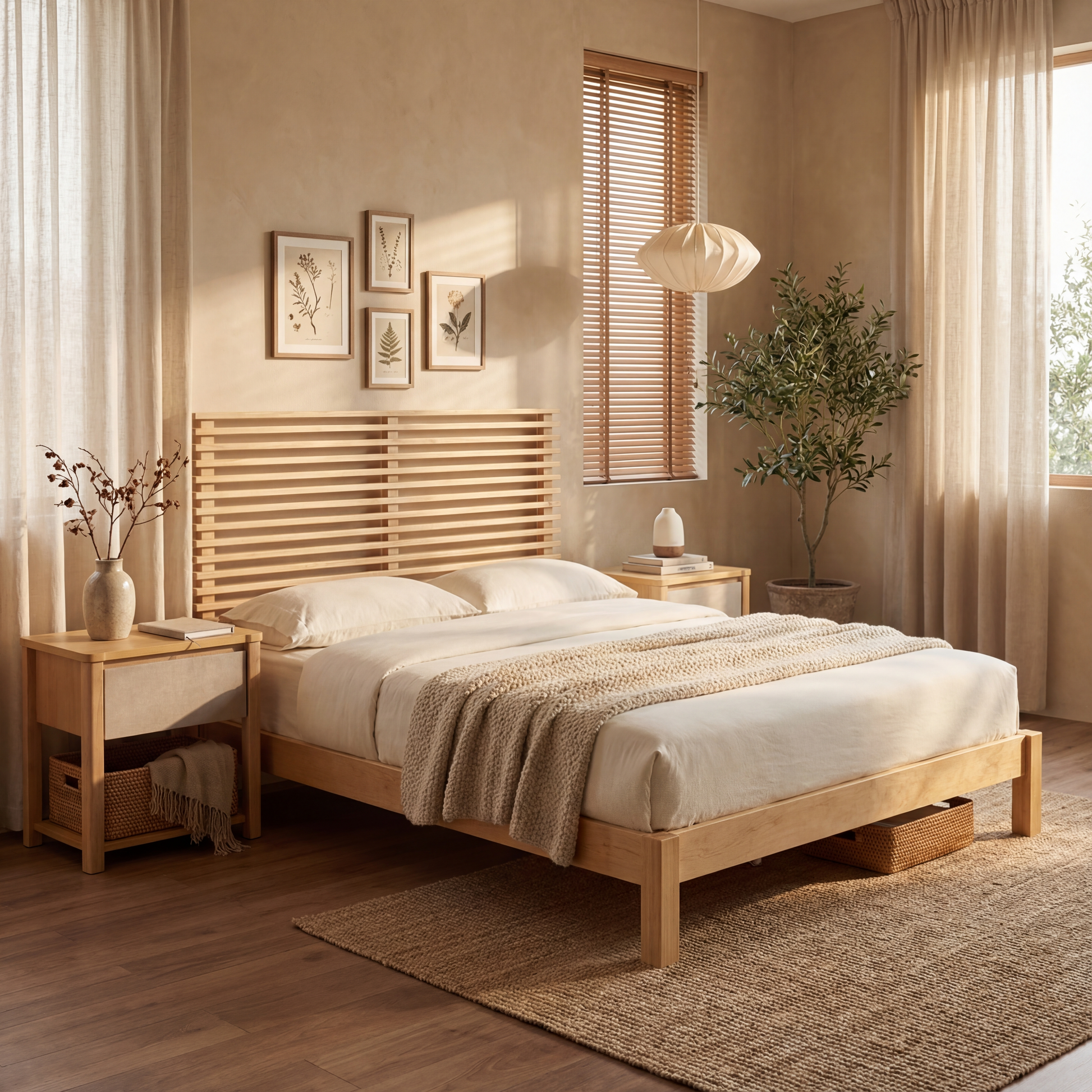 Premium Solid Wood Queen Size Platform Bed Frame with Horizontal Slat Headboard, Modern Natural Wood Bedroom Furniture, 600 lbs Weight Capacity,No Box Spring Needed, Fits All Mattresses image 3