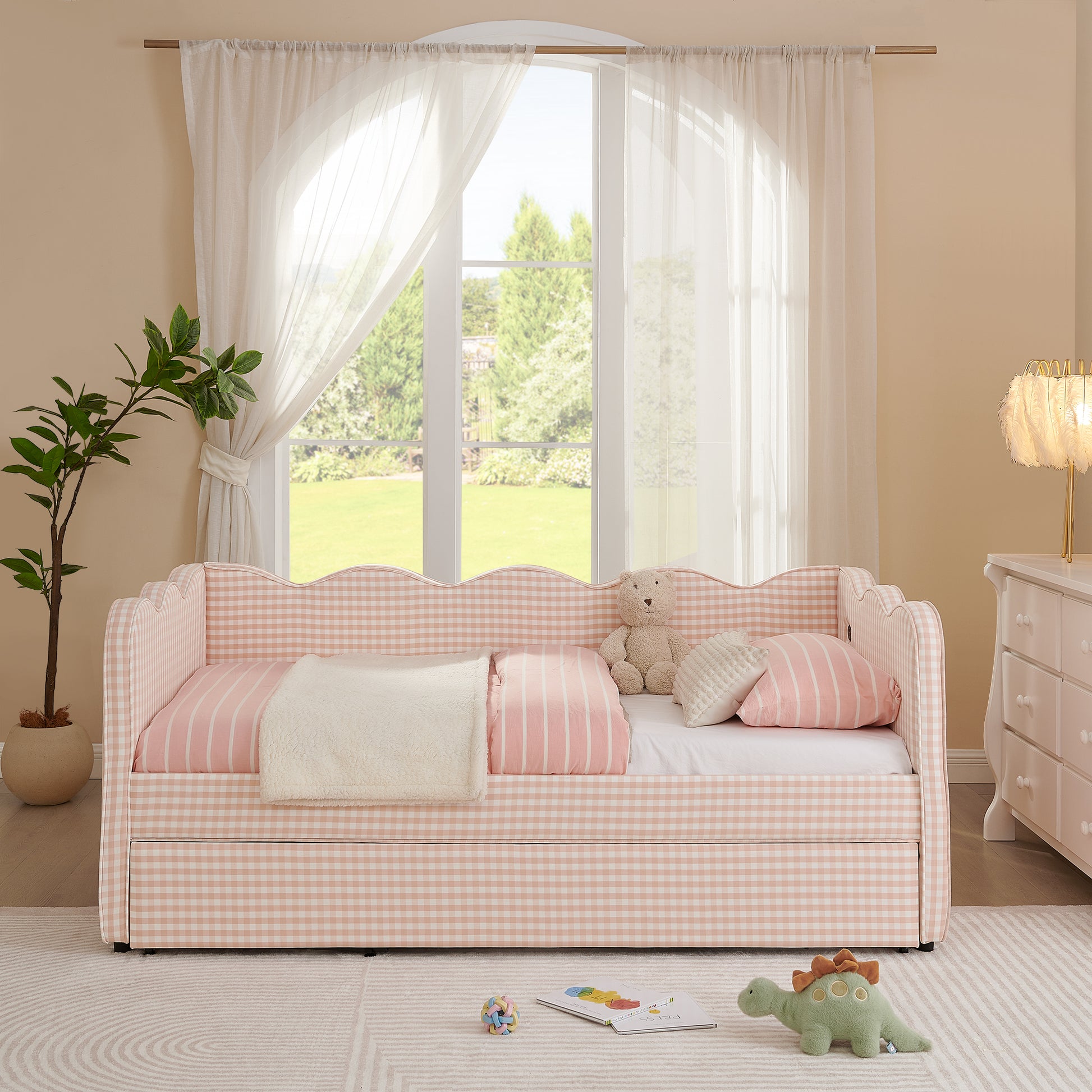 Cozy Gingham Daybed with Trundle Twin Size Sofa Bed No Box Spring Needed, with USB Port and Adorable Wave Shaped, Linen Fabric, Pink image 4