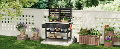 K&K 64.9"H Outdoor Potting Bench Table with Lockable Wheels, Solid Wood Outdoor Kitchen Island with Upper Hutch, Stainless Steel Top, Towel Rack,Outdoor Storage for Grilling, Lawn Garden -Black image 8