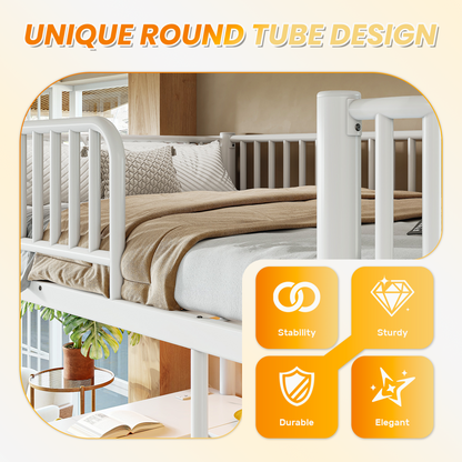 Queen Loft Bed with L-Shaped Desk,LED Light Strip and Charge Station, Metal Loft Bed with Computer Mainframe Tray and Hanging Area, Special Round Pipe Design, White image 10