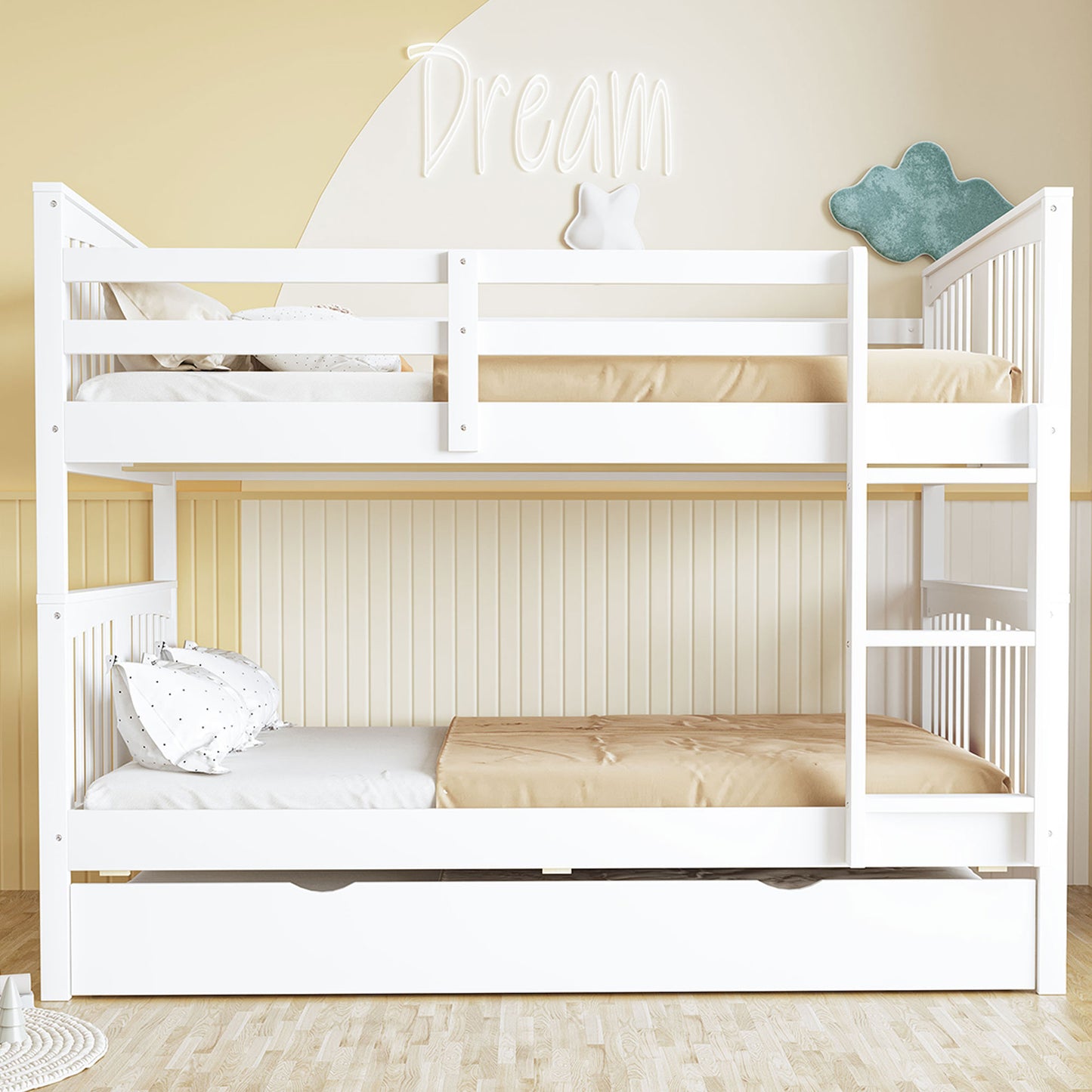 Full over Full Bunk Bed with Twin Size Trundle and Ladder-White(Old SKU: LT000204AAK) image 1