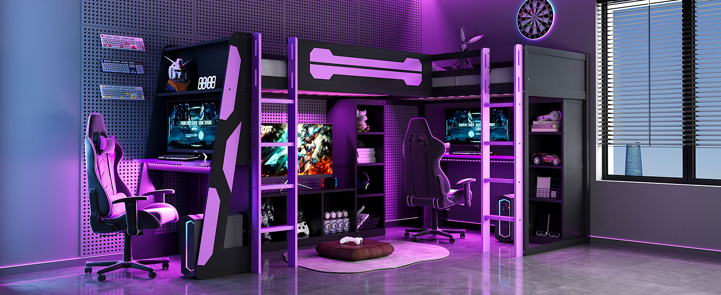 L-Shaped Wooden twin Size Gaming Bed Frame with RGB LED Lights, Dual twin Beds, USB Ports, TV Stand & Storage Shelves, Reversible Layout, Space-Saving Wood Loft Bed for Teens & Adults-Purple image 3