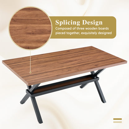 Table and chair set. 71 * 35.4 inch walnut MDF splicing desktop with X-shaped metal frame dining table.Includes 8 white PU dining chairs With Black Metal Legs.Making it an ideal choice for home. image 8