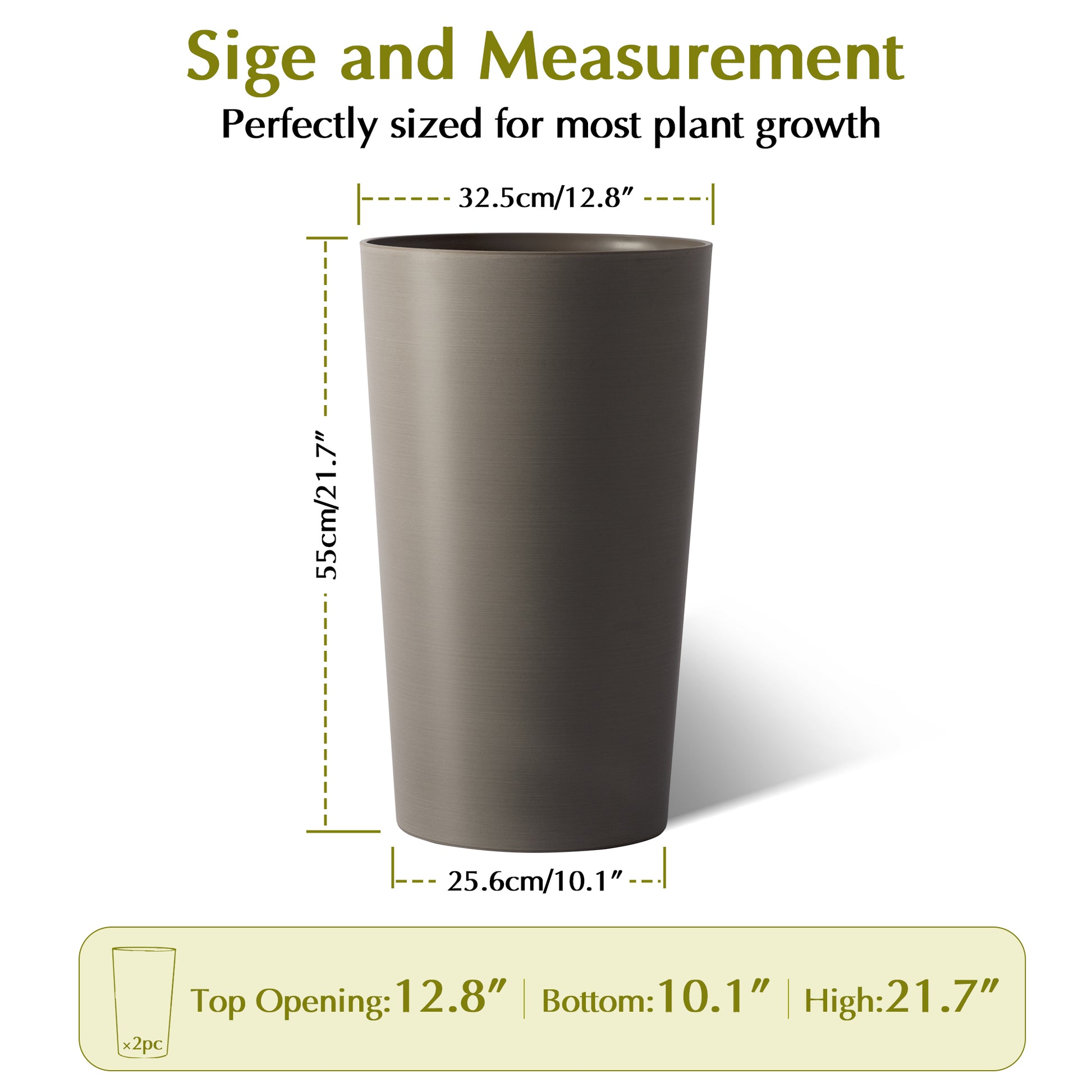 2 Pack Tall 21.7 in Planters for Outdoor Plants Modern Tall Square Planter Box Indoor Outdoor Porch Patio Flower Pot Modern Big Tapered Matte Tree Flower Pot for Garden, (Brown) image 5