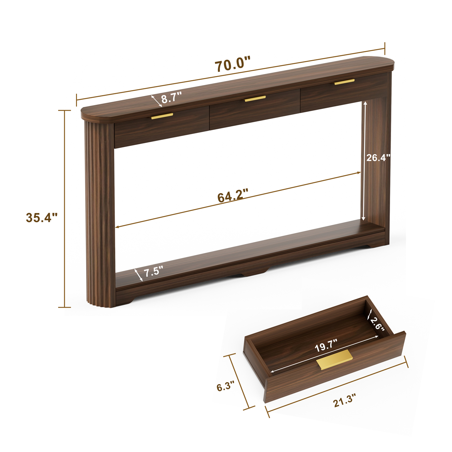 70.1" Wavy-Patterned Storage Table with Drawers; a slim wooden side table that can be placed behind a sofa, ideal for entryways, hallways, and doorways.Walnut.70.1"L*8.7"W*35.5"H image 7