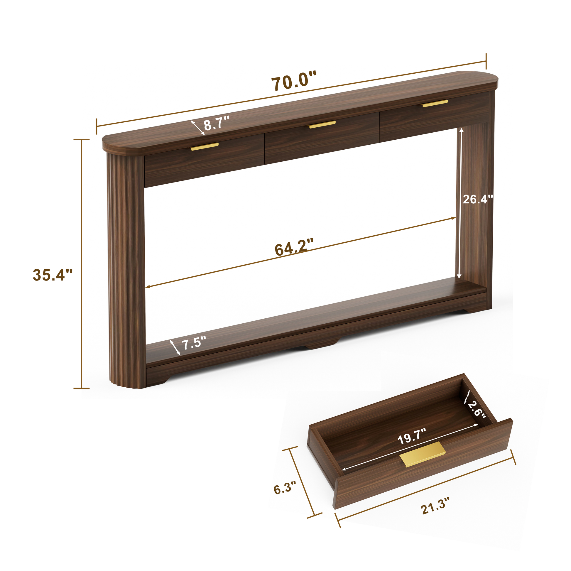 70.1" Wavy-Patterned Storage Table with Drawers; a slim wooden side table that can be placed behind a sofa, ideal for entryways, hallways, and doorways.Walnut.70.1"L*8.7"W*35.5"H image 7