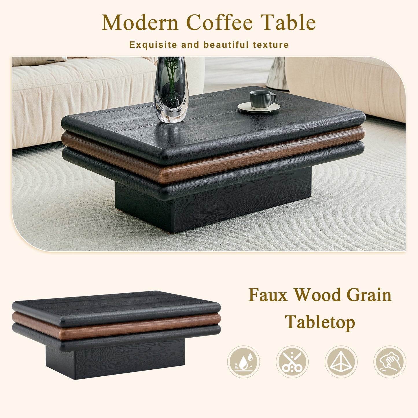 Modern 3-Tier Stacked Rectangular Coffee Table, MDF with Wood Veneer, Walnut & Black Accent Center Table for Living Room image 8