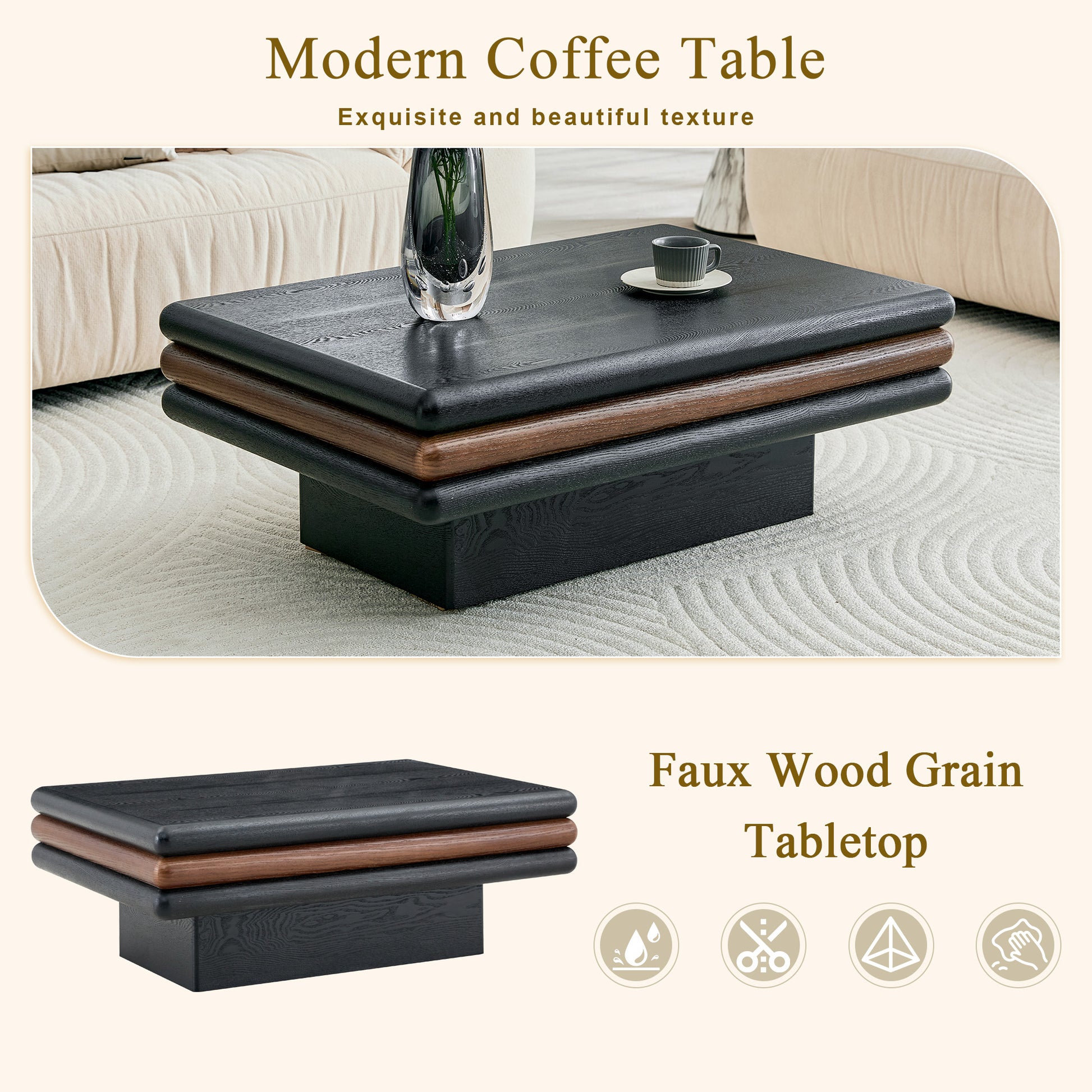 Modern 3-Tier Stacked Rectangular Coffee Table, MDF with Wood Veneer, Walnut & Black Accent Center Table for Living Room image 8