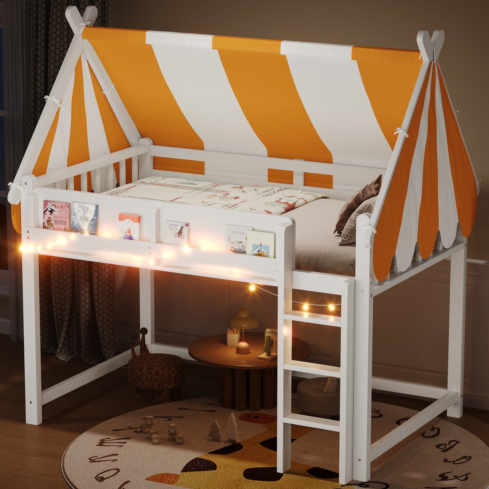 Full Size Loft Bed with Canopy, LED Lights & Book Shelf, White image 1
