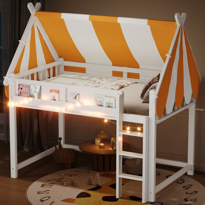 Full Size Loft Bed with Canopy, LED Lights & Book Shelf, White image 1
