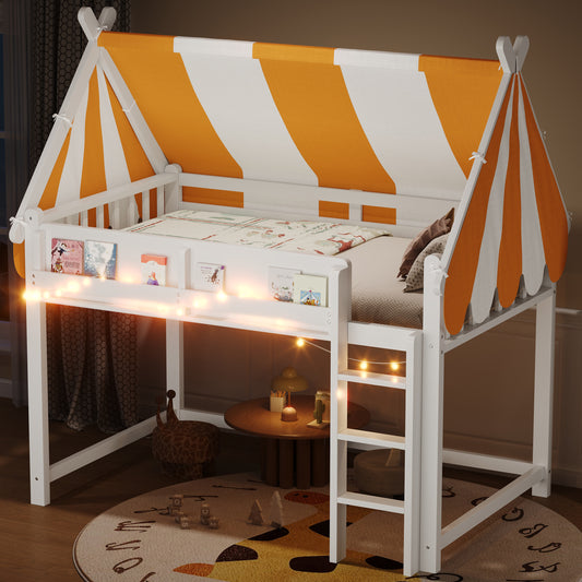 Full Size Loft Bed with Canopy, LED Lights & Book Shelf White - Front View