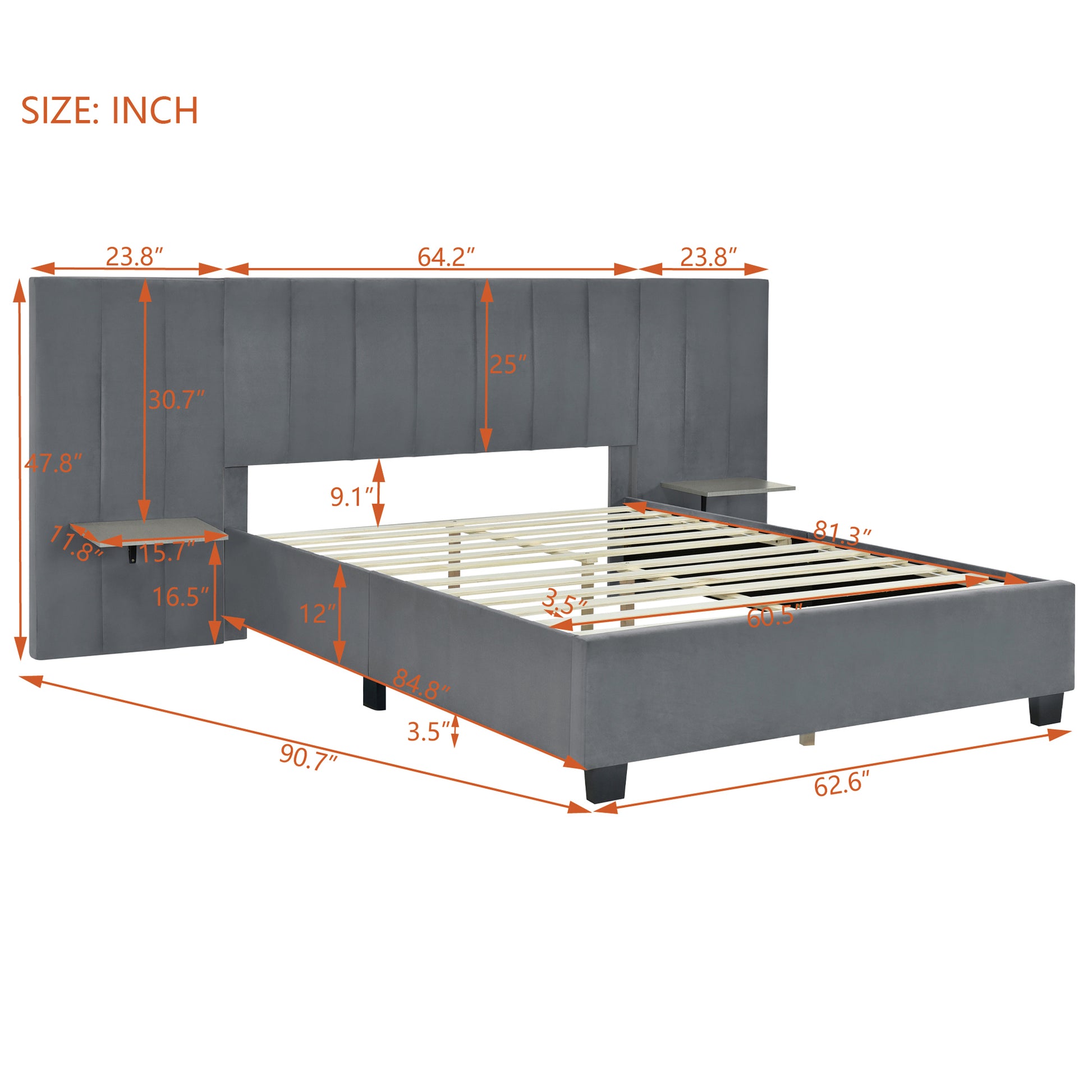 Queen Size Upholstered Platform Bed with Big Headboard, Bedroom Furniture, Velvet, Gray image 8