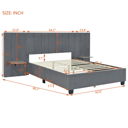 Queen Size Upholstered Platform Bed with Big Headboard, Bedroom Furniture, Velvet, Gray image 8