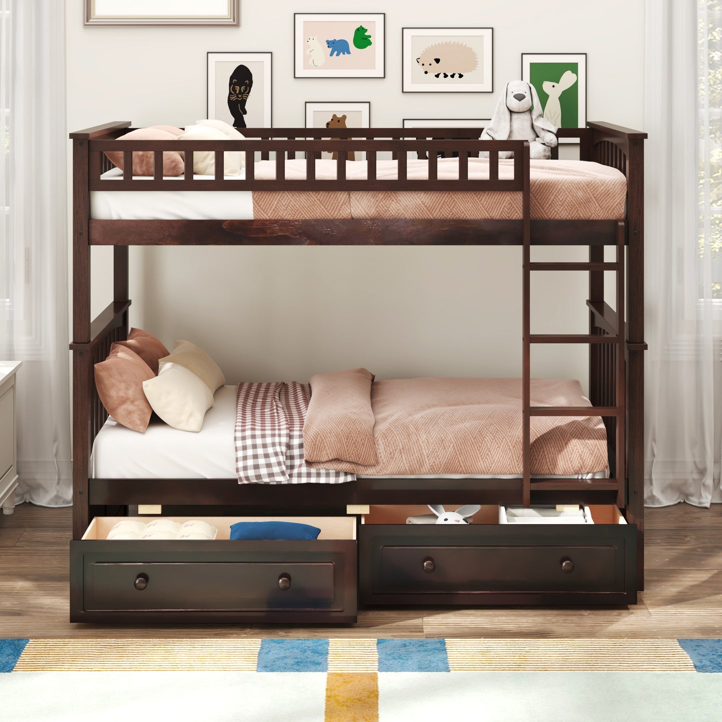 Twin over Twin Bunk Bed with Drawers, Convertible Beds, Espresso image 3