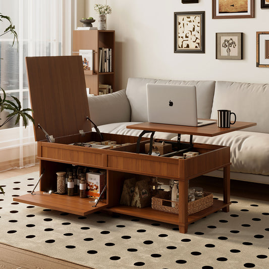 U-Can Lift-Top Coffee Table with Hidden Compartment, Open Shelf, and Adjustable Desktop, brown image 1
