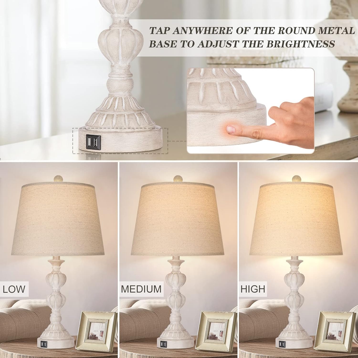 Touch Control Coastal Farmhouse Table Lamp Set of 2, 3-Way Dimmable Bedside Lamp with 2 USB Charging Ports, French Country Style Nightstand Lamp for Living Room, Bedroom - Washed White image 3