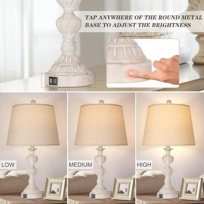 Touch Control Coastal Farmhouse Table Lamp Set of 2, 3-Way Dimmable Bedside Lamp with 2 USB Charging Ports, French Country Style Nightstand Lamp for Living Room, Bedroom - Washed White image 3