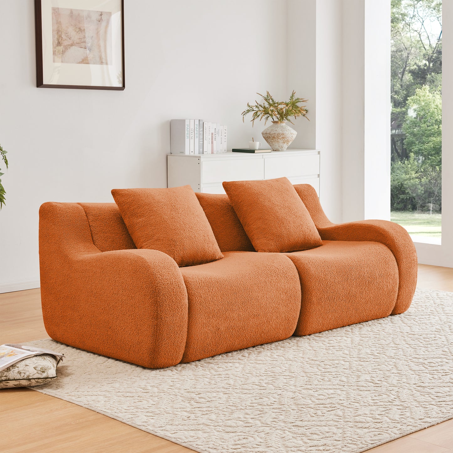 Soft Teddy Fabric Boneless Sofa,No Assembly Required Streamlined Design,Anti-Slip Design 32D High Density Sponge Living Rooms Bedrooms,Orange image 1