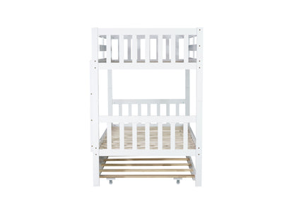 Twin Over Twin Rubber Wood Bunk Bed with Trundle, Convertible into Twin Size Beds, Twin Size Bunk Bed with Ladder and Safety Guardrails, White image 6