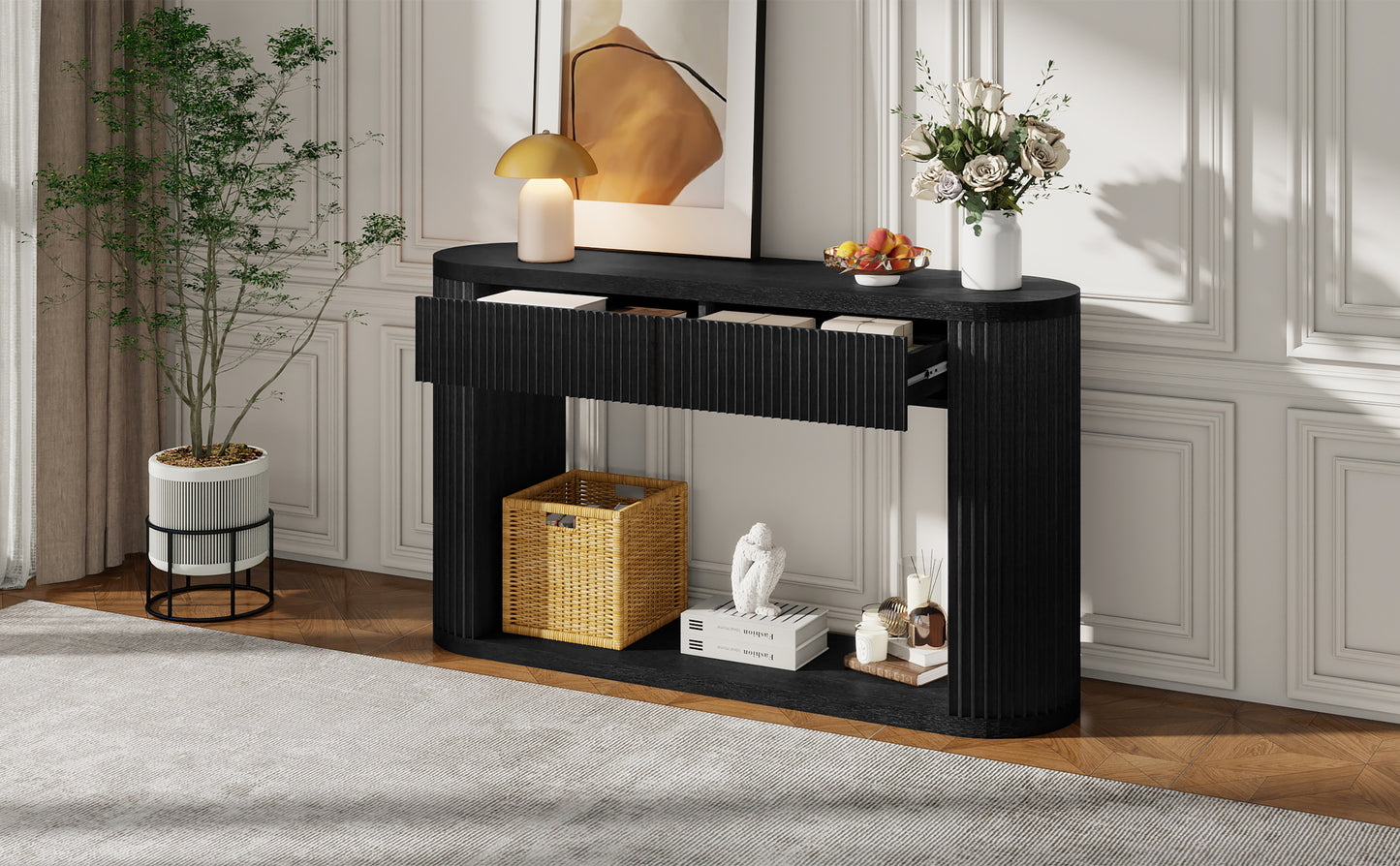 TREXM Oval Fluted Console Table with 2 Drawers and Bottom Shelf, Wood Entryway Table with Smooth Metal Slides for Living Room, Entryway (Black) image 5