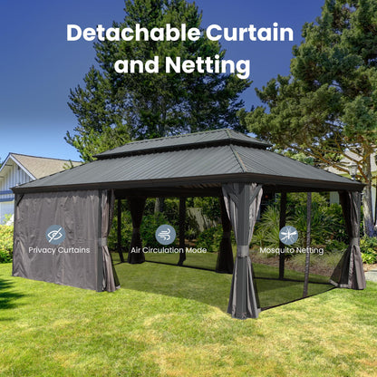 14' X 22' Hardtop Gazebo, Upgraded Metal Gazebo with Drainage System, Dual-Layer Galvanized Steel Roof, Curtain and Netting, Outdoor Shelter Canopy for Patio, Garden, and Backyard, Grey image 9