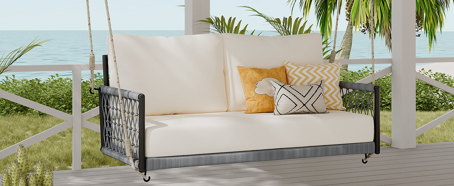 TREXM 1-Piece Woven Rope Outdoor Swing Sofa with Soft Cushions Seating 2 for Patio, Courtyard and Balcony (Beige) image 5