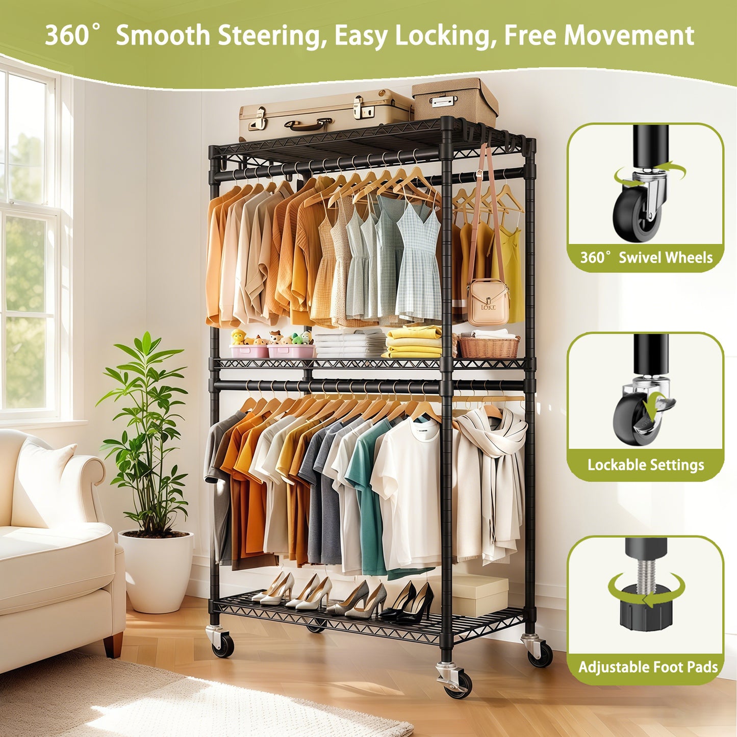 Rolling Clothes Rack, Heavy Duty Clothes Rack with Wheels, 3 Tiers Adjustable Wire Shelving Clothes Rack with 2 Clothes Rails and Side Hooks, Portable Closet Organizer, 35.43''×17.13D''×70.87''H,Black image 3