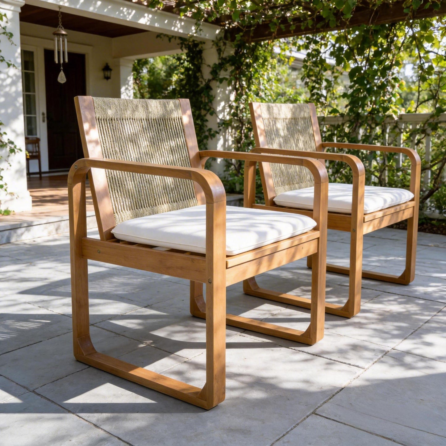2-Piece Outdoor Dining Chairs Set: Acacia Wood with Multi Brown Rope Back & Beige Cushion, Water Repellent Fabric, 400 lbs Capacity, Light Teak Finish image 1