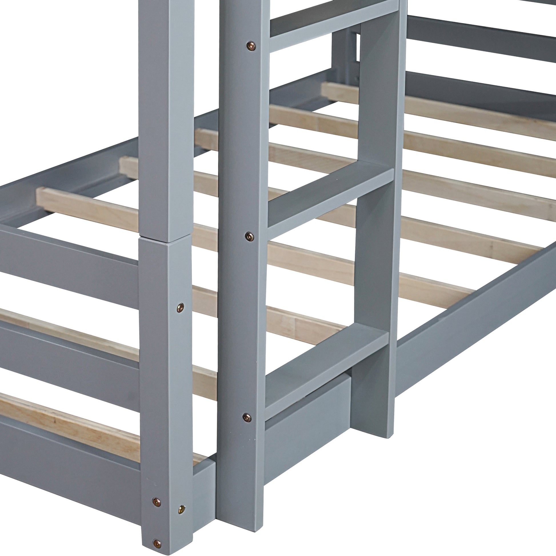 Triple Rubber Wood Bunk Bed with Two Built-in Ladders, Guardrails, Twin over Twin over Twin, Detachable Triple Twin Bunk Bed,Grey image 6